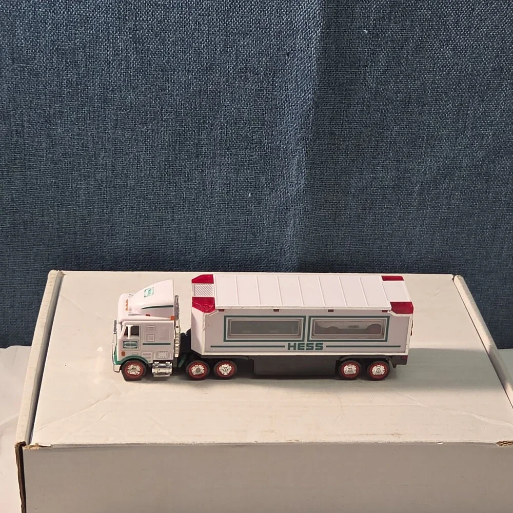 2021 Hess Mini Toy Truck Semi Hauler with Race Car White & Green Collectible